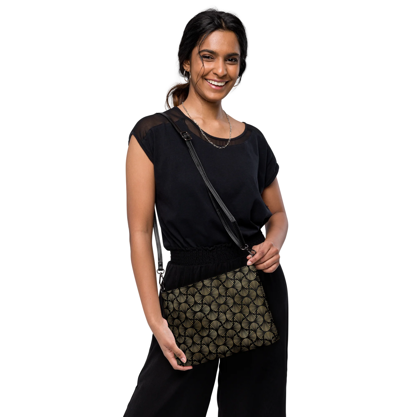 Black And Gold Art Deco Flower Reflections Crossbody Bag