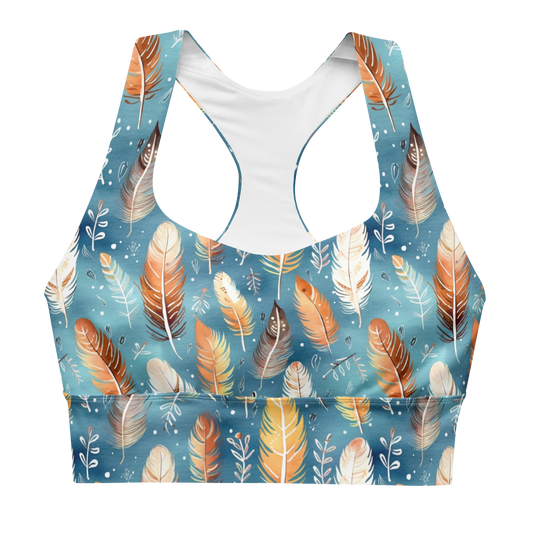Blue & Orange Feather's Tale Longline Sports Bra