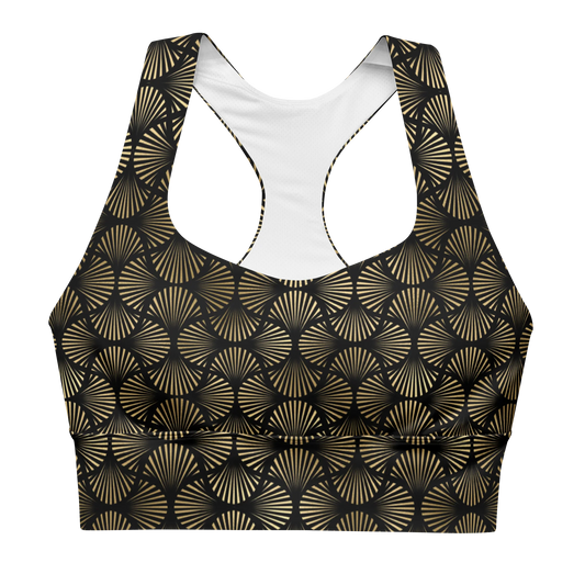 Black And Gold Art Deco Flower Reflections Longline Sports Bra