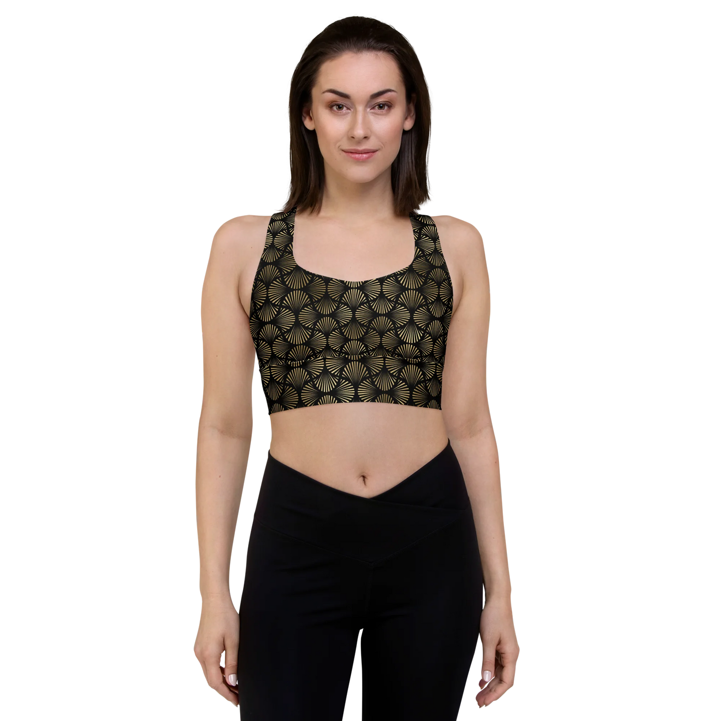Black And Gold Art Deco Flower Reflections Longline Sports Bra