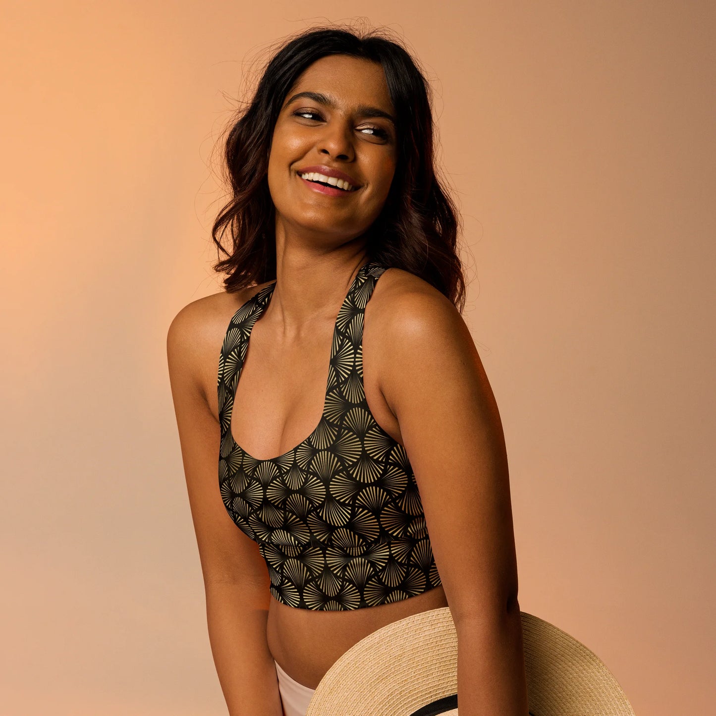 Black And Gold Art Deco Flower Reflections Longline Sports Bra