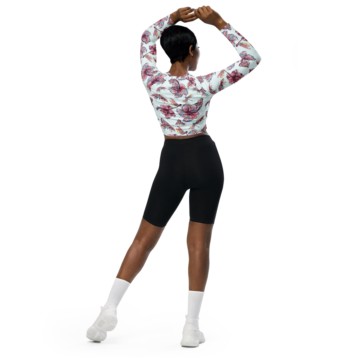 Sophisticated Hibiscus Ornament Recycled Long-sleeve Crop Top