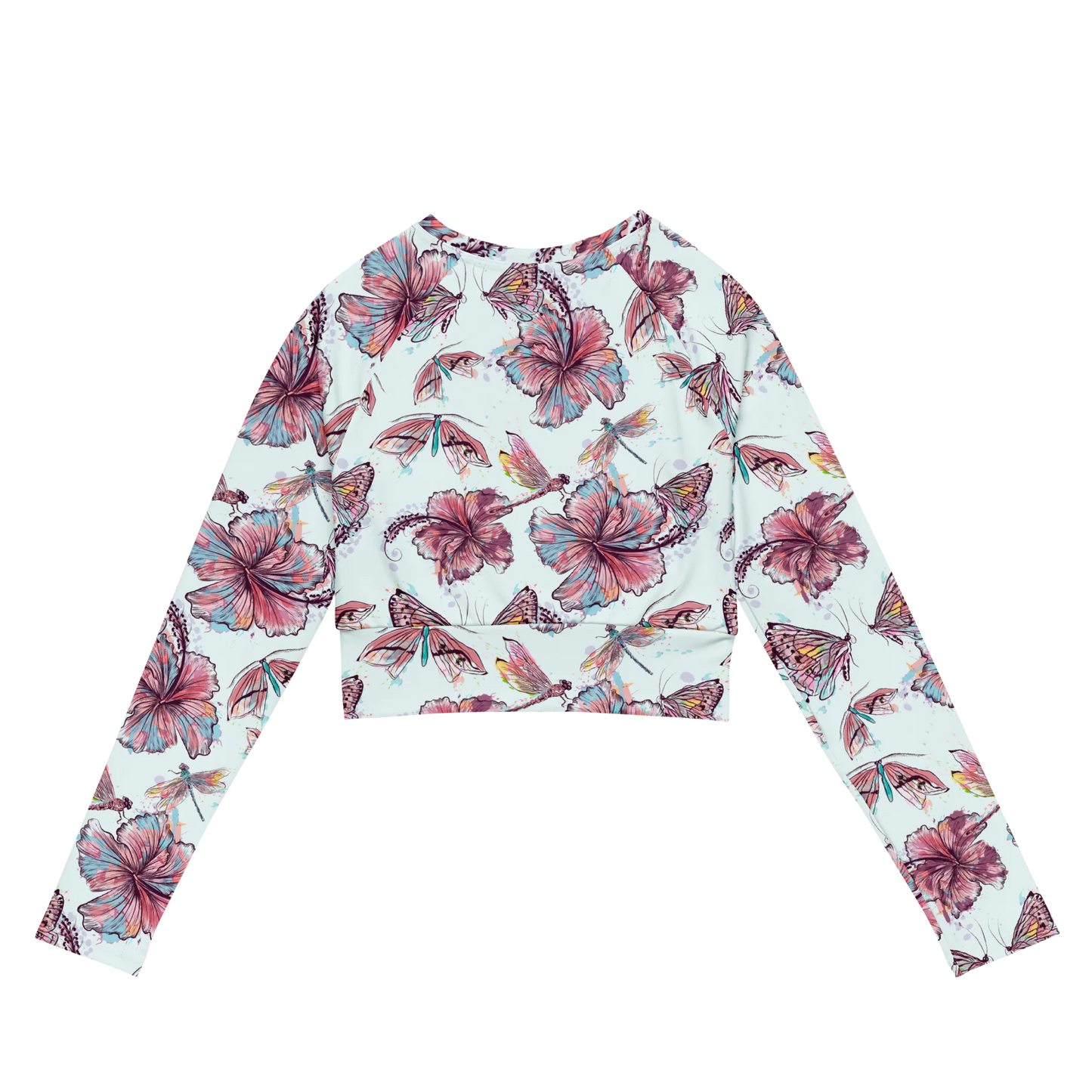 Sophisticated Hibiscus Ornament Recycled Long-sleeve Crop Top