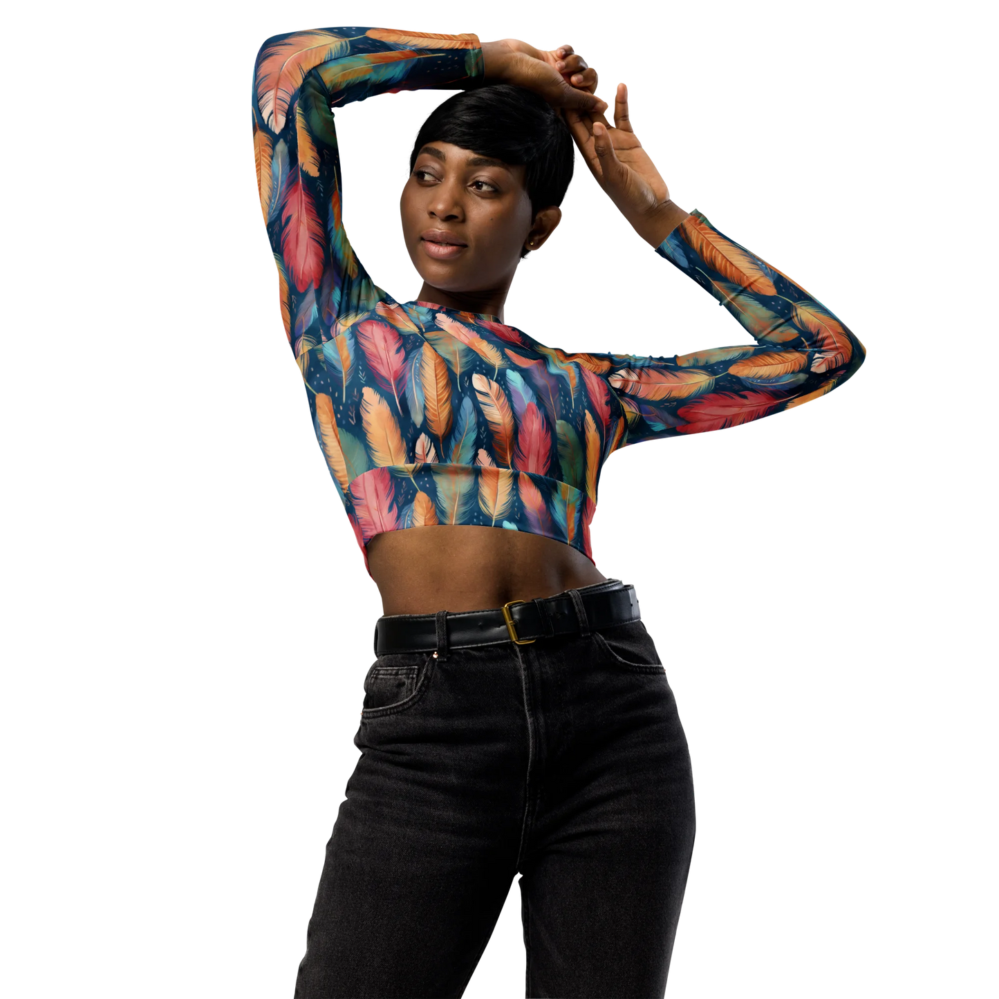 Dance of Wild Birds' Feathers Recycled Long-sleeve Crop Top