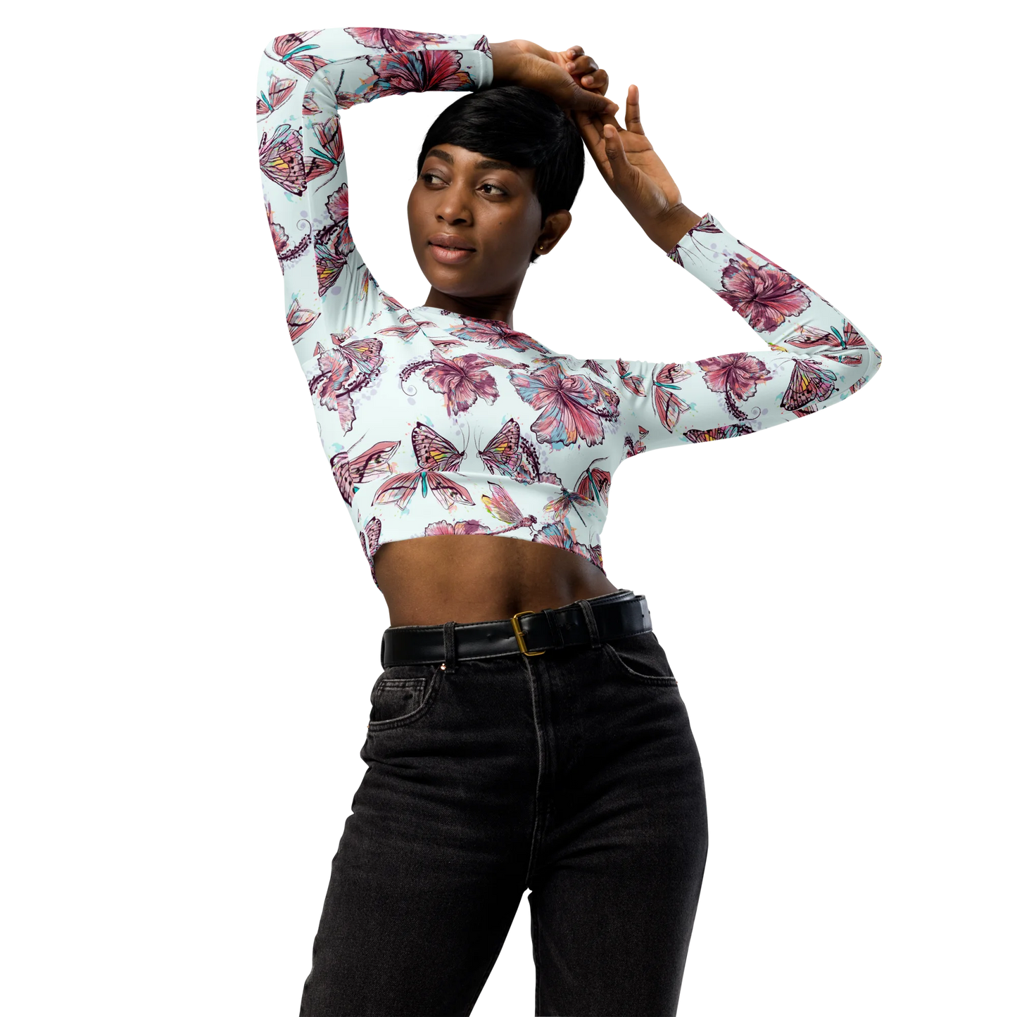 Sophisticated Hibiscus Ornament Recycled Long-sleeve Crop Top