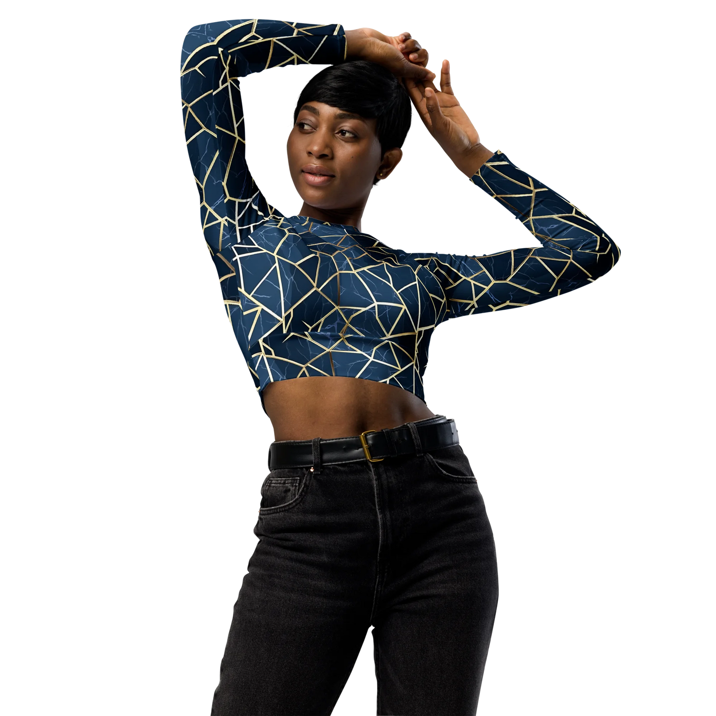 Blue Geometric Nordic Sky Recycled Long-sleeve Crop Top
