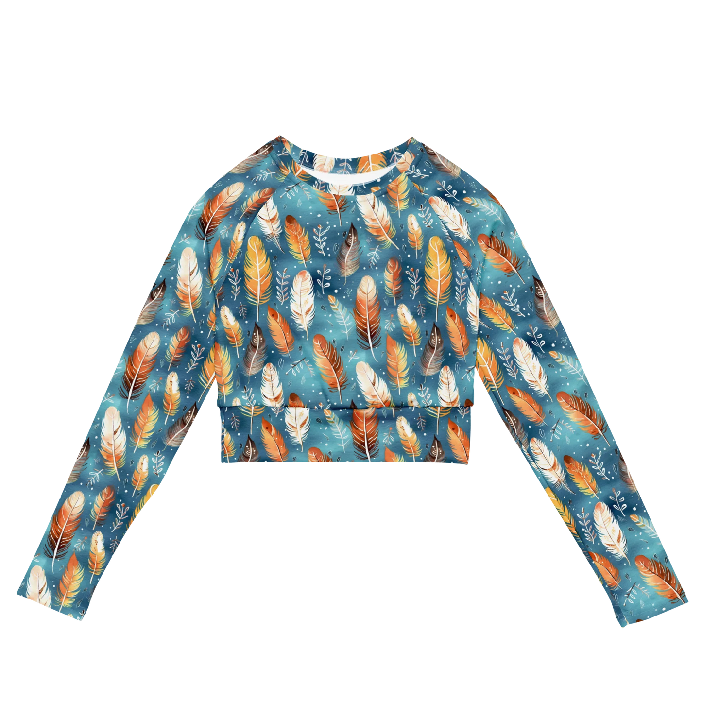 Blue & Orange Feather's Tale Recycled Long-sleeve Crop Top