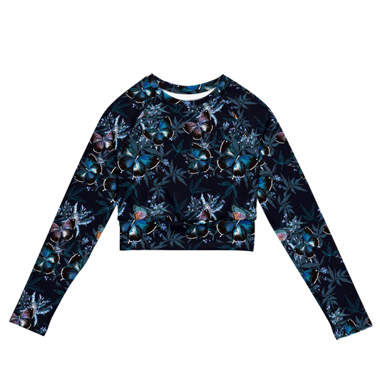 Night Flight of Blue Butterflies Recycled Long-sleeve Crop Top
