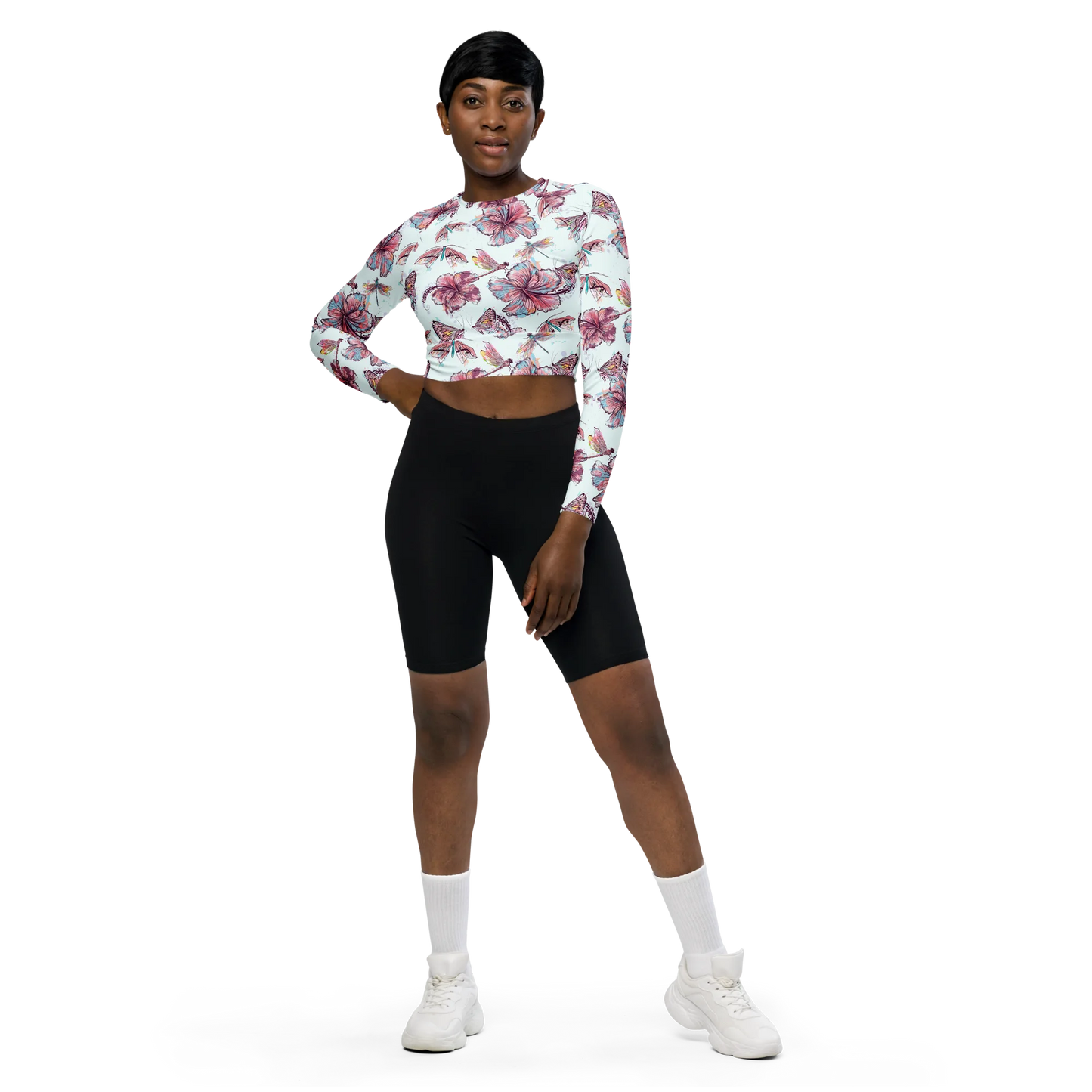 Sophisticated Hibiscus Ornament Recycled Long-sleeve Crop Top