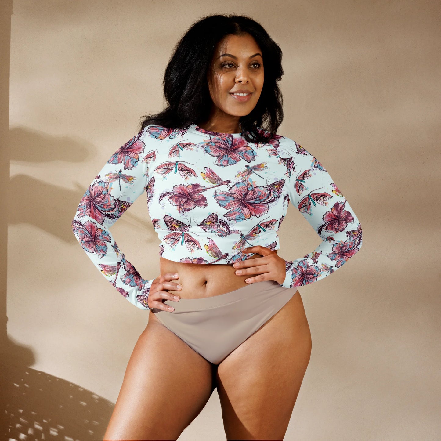 Sophisticated Hibiscus Ornament Recycled Long-sleeve Crop Top