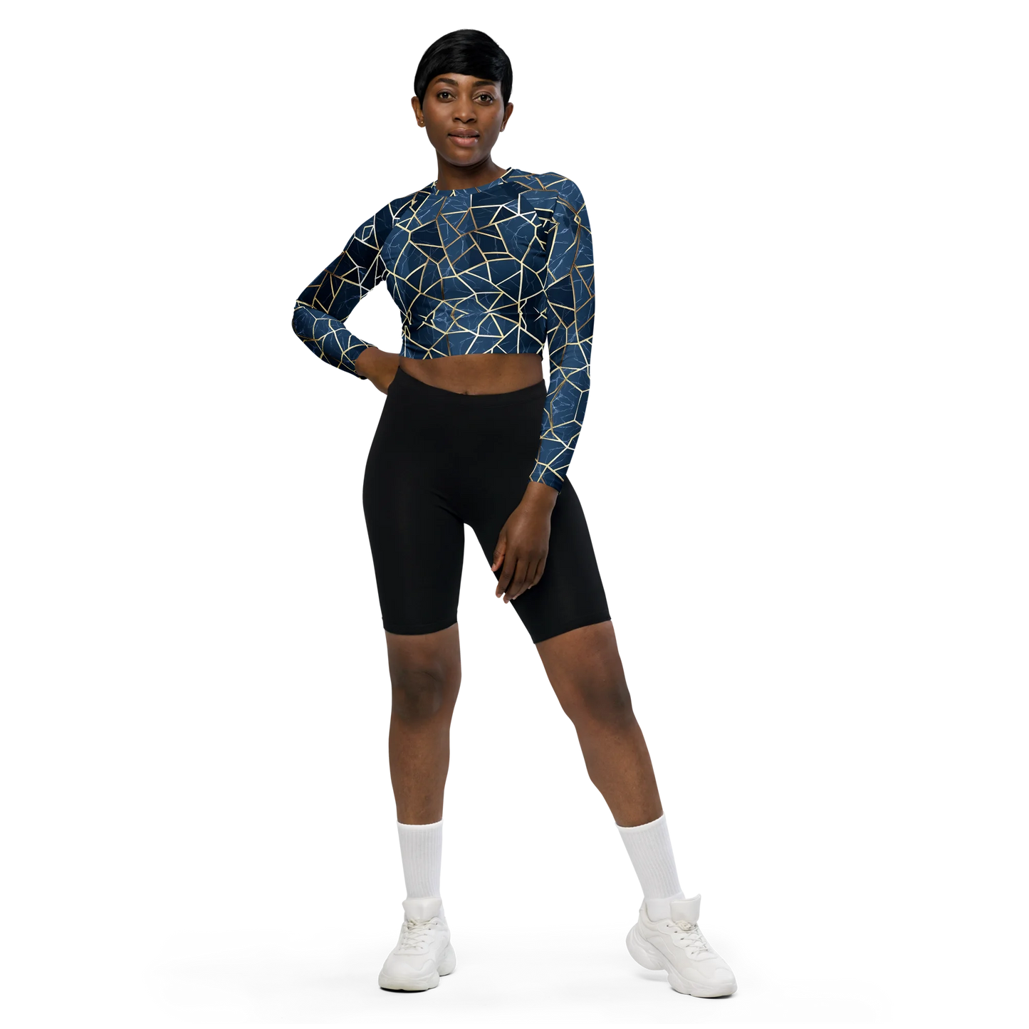 Blue Geometric Nordic Sky Recycled Long-sleeve Crop Top