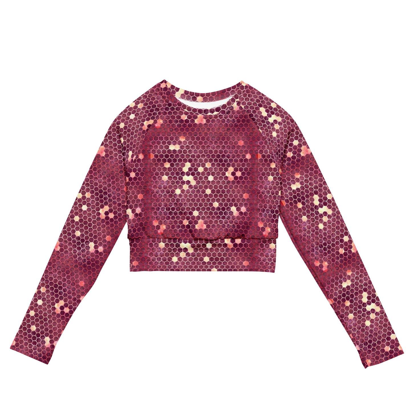 Burgundy Gold Honeycombs Ornament Recycled Long-sleeve Crop Top