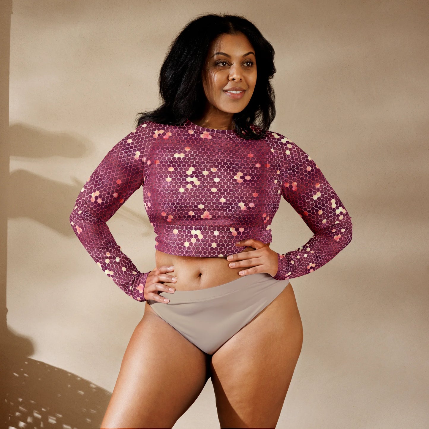 Burgundy Gold Honeycombs Ornament Recycled Long-sleeve Crop Top