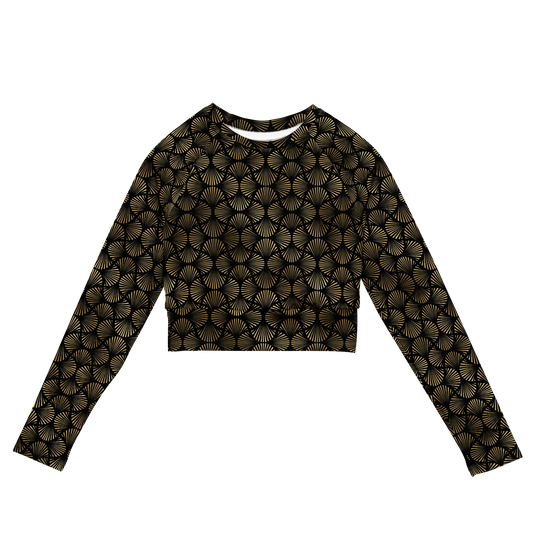 Black And Gold Art Deco Flower Reflections Recycled Long-sleeve Crop Top