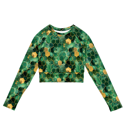 Abstract Verdant Elegance Recycled Long-sleeve Crop Top