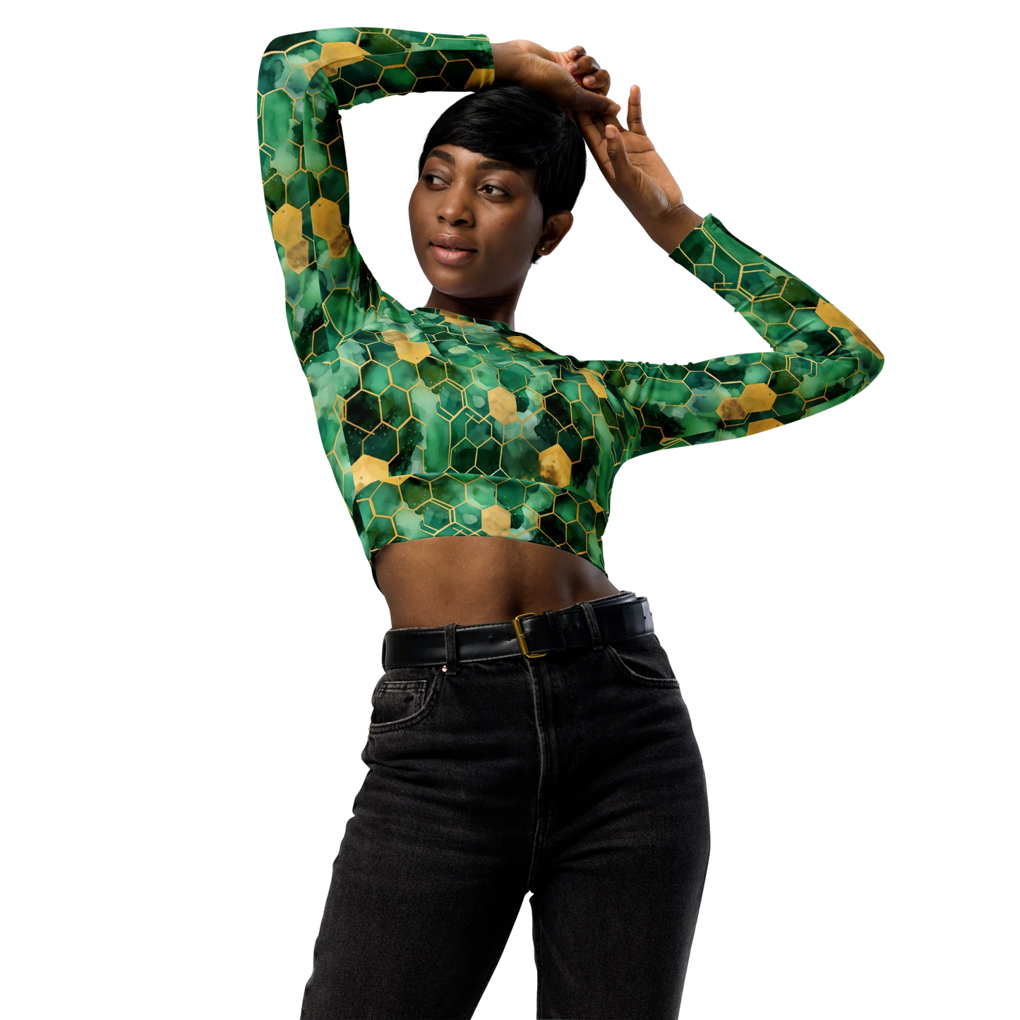 Abstract Verdant Elegance Recycled Long-sleeve Crop Top