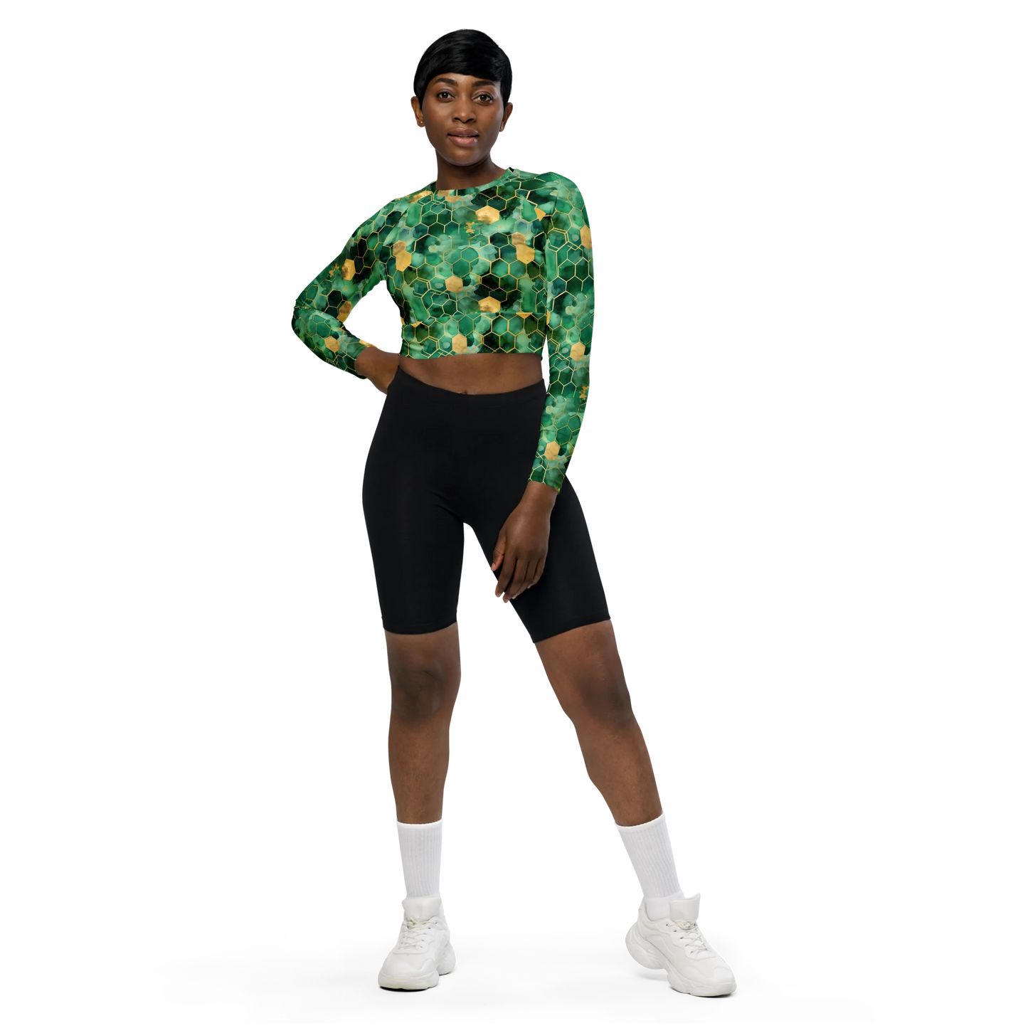 Abstract Verdant Elegance Recycled Long-sleeve Crop Top