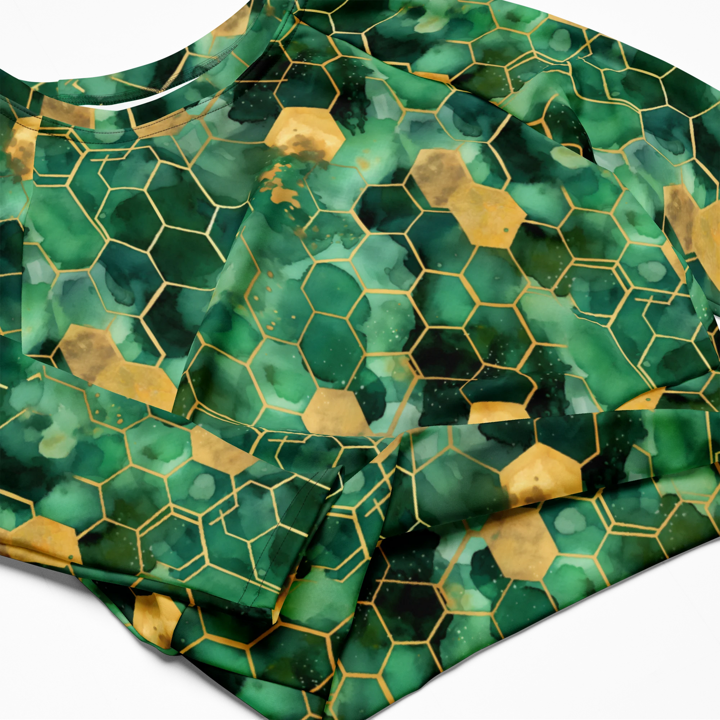 Abstract Verdant Elegance Recycled Long-sleeve Crop Top