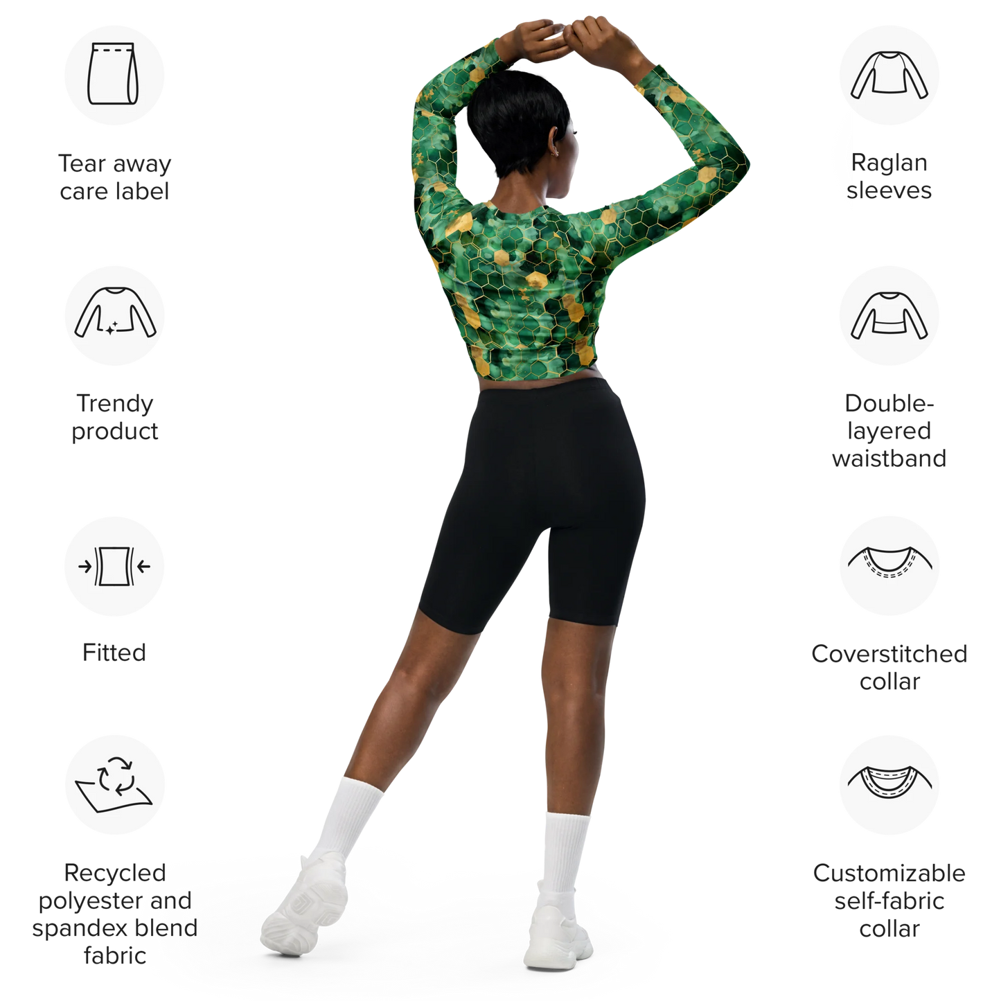 Abstract Verdant Elegance Recycled Long-sleeve Crop Top