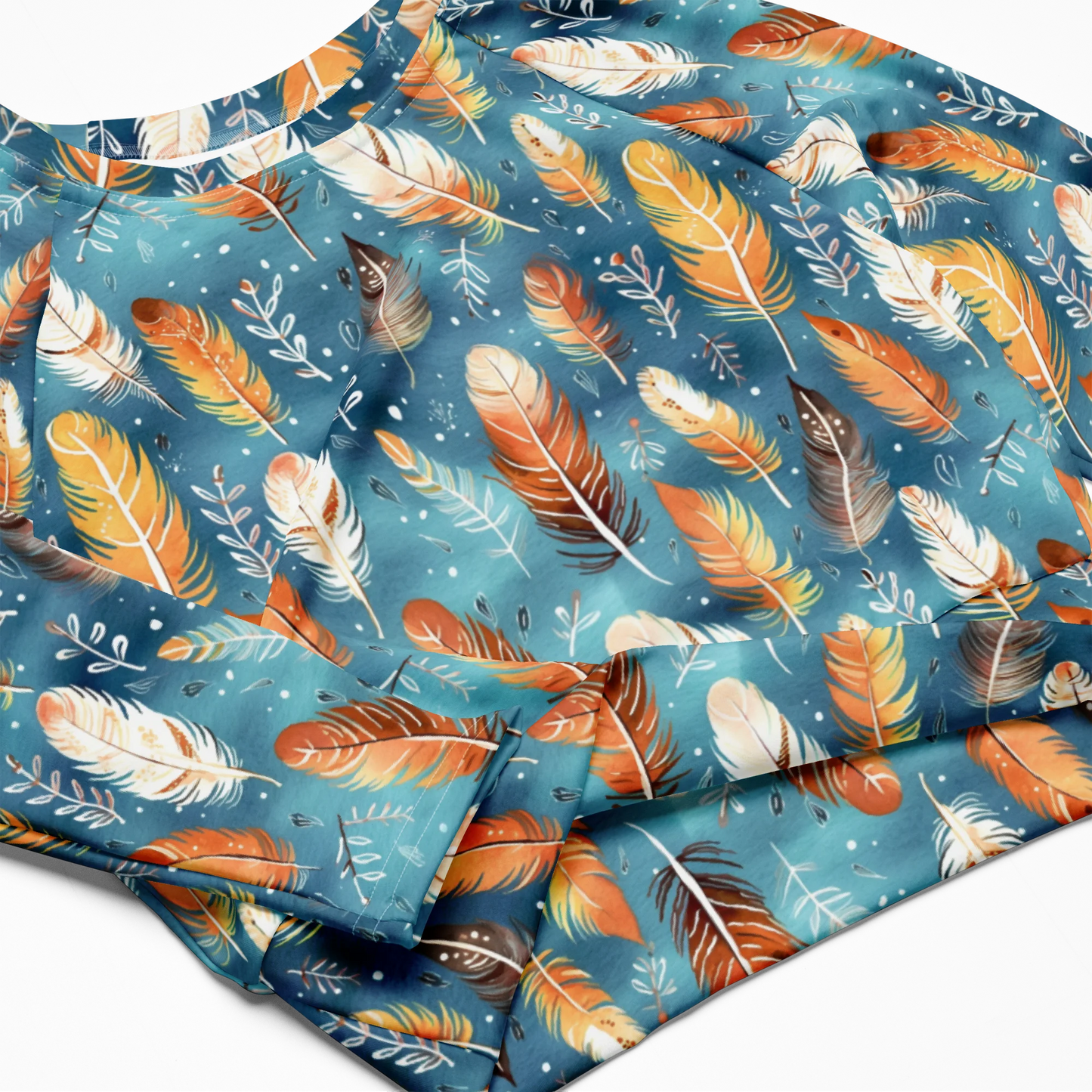 Blue & Orange Feather's Tale Recycled Long-sleeve Crop Top