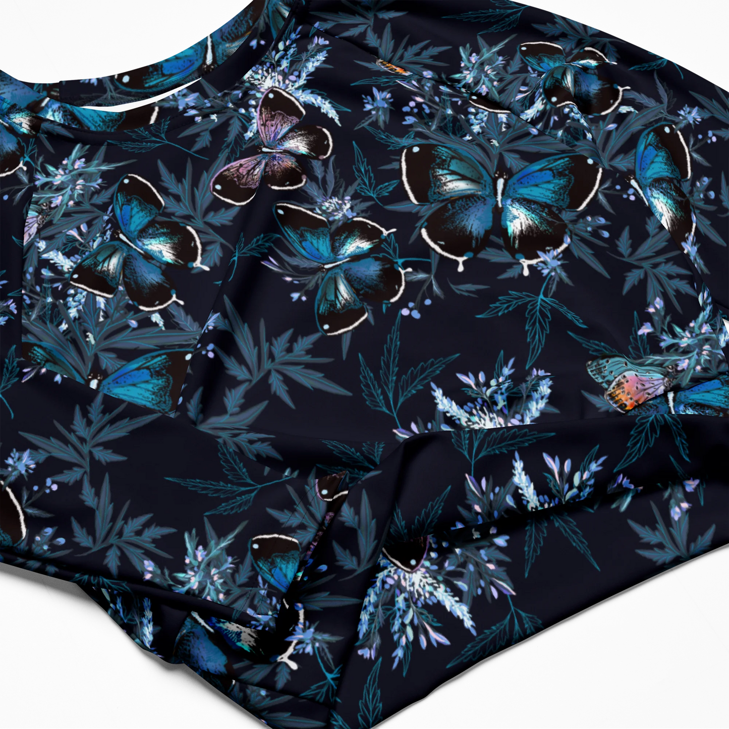 Night Flight of Blue Butterflies Recycled Long-sleeve Crop Top