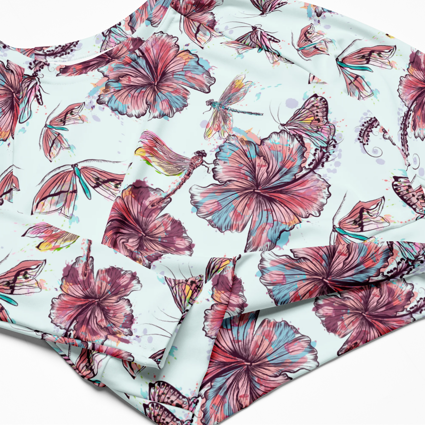 Sophisticated Hibiscus Ornament Recycled Long-sleeve Crop Top