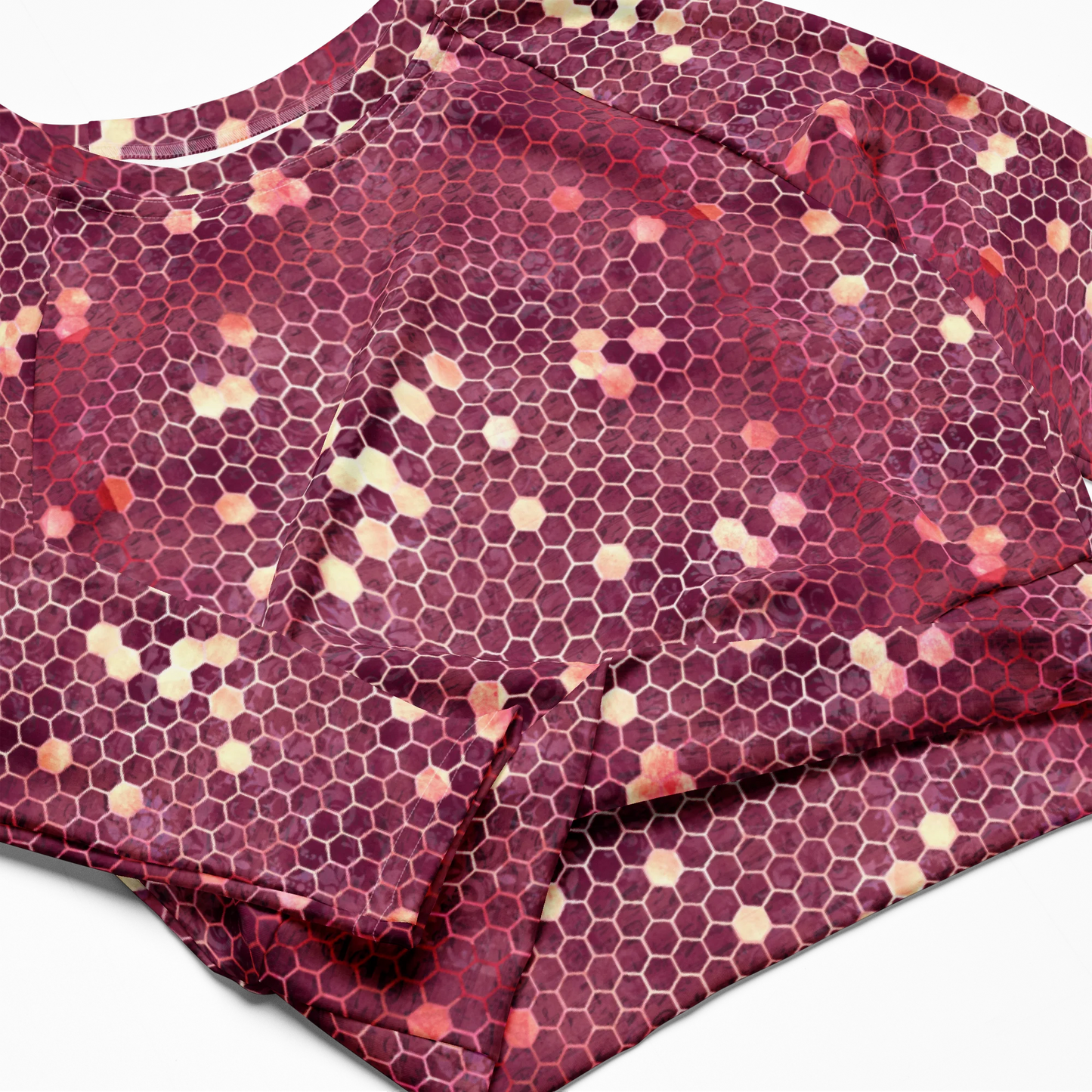 Burgundy Gold Honeycombs Ornament Recycled Long-sleeve Crop Top