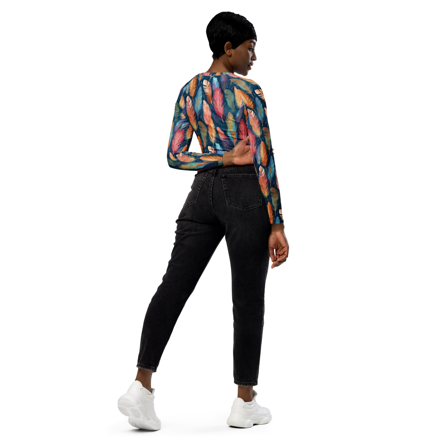 Dance of Wild Birds' Feathers Recycled Long-sleeve Crop Top