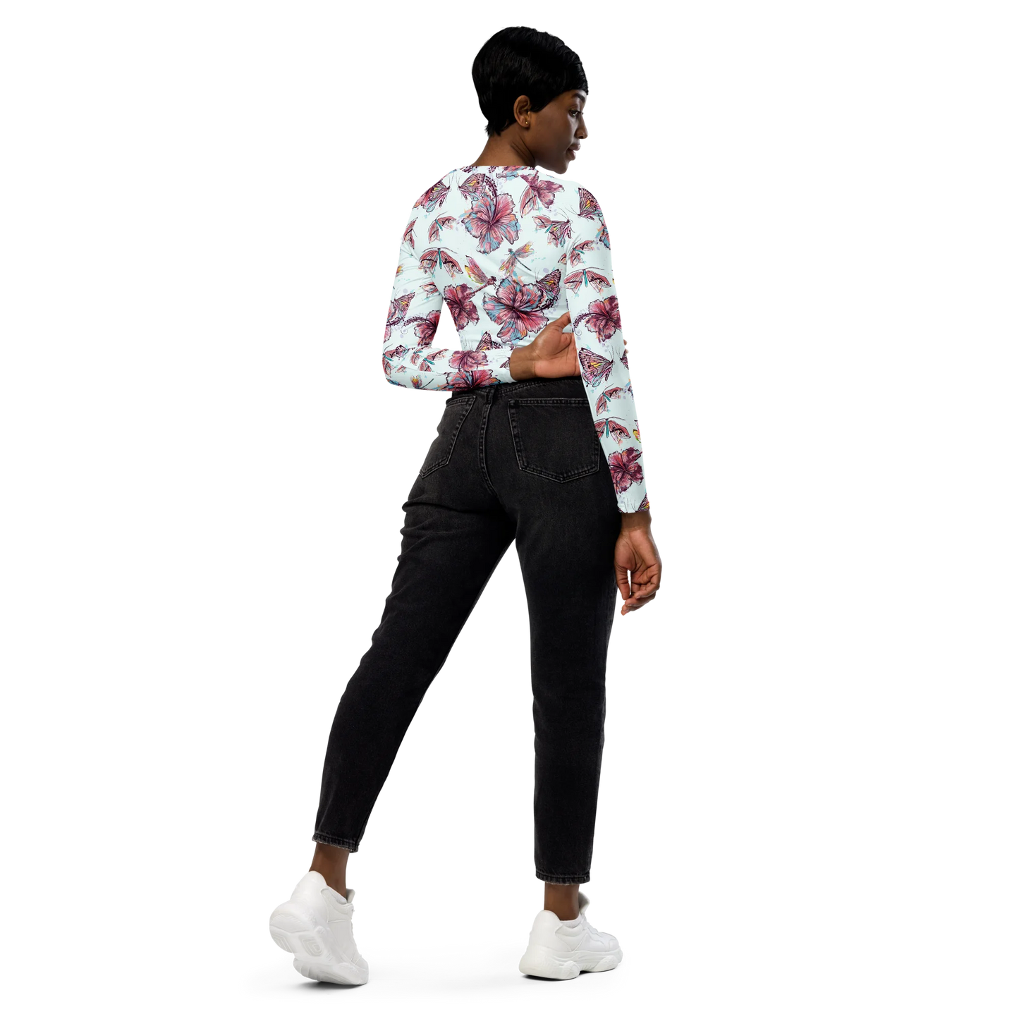 Sophisticated Hibiscus Ornament Recycled Long-sleeve Crop Top