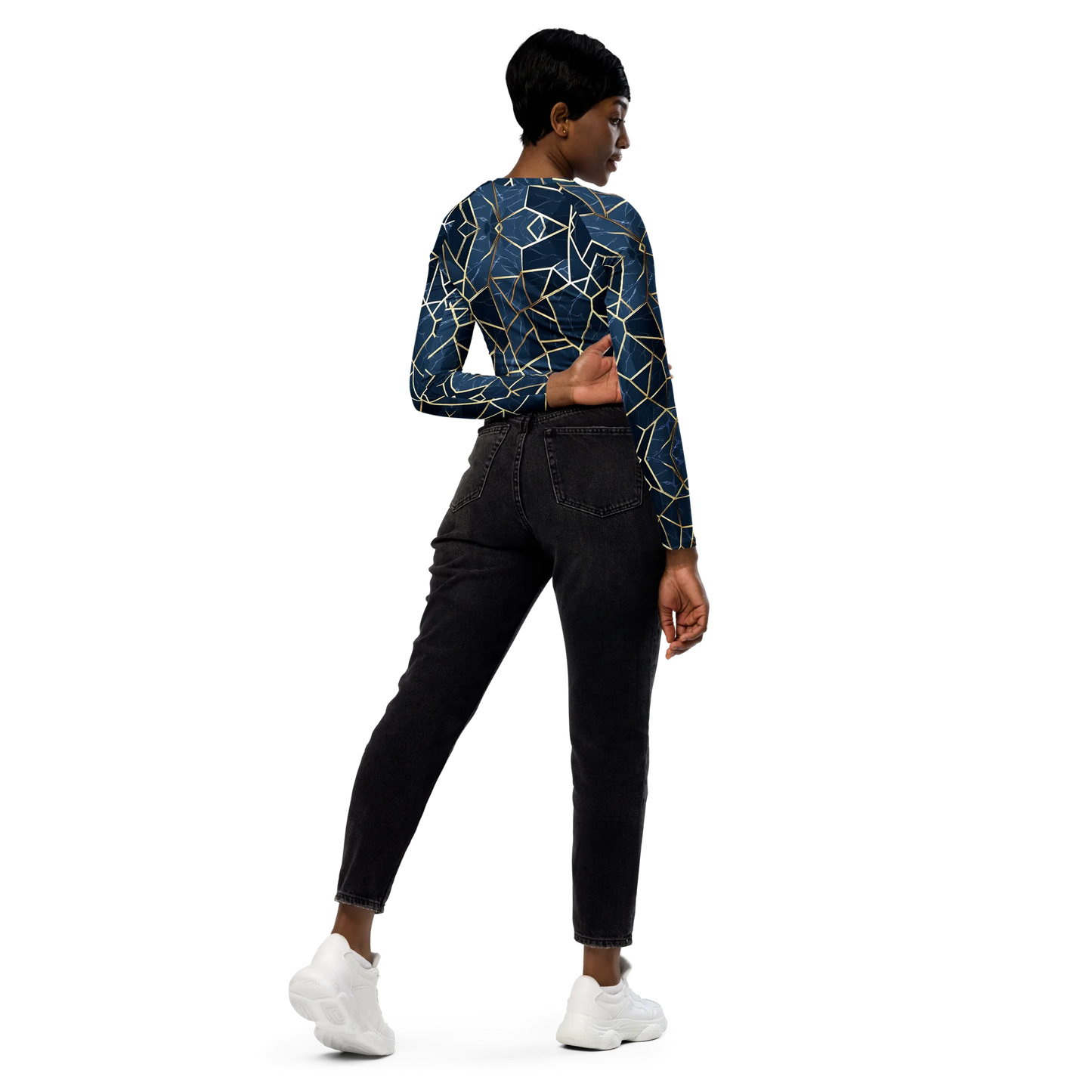 Blue Geometric Nordic Sky Recycled Long-sleeve Crop Top