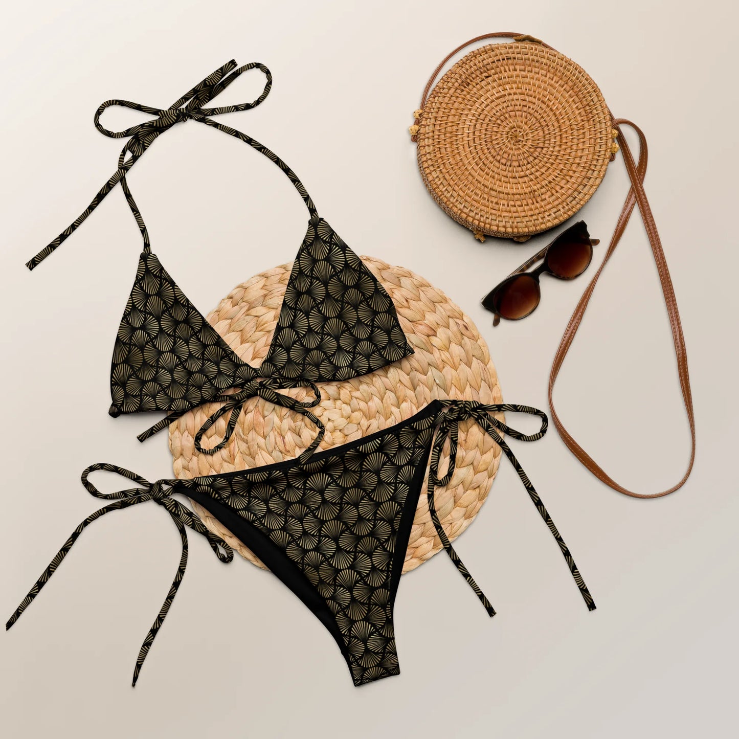 Black And Gold Art Deco Flower Reflections Recycled String Bikini