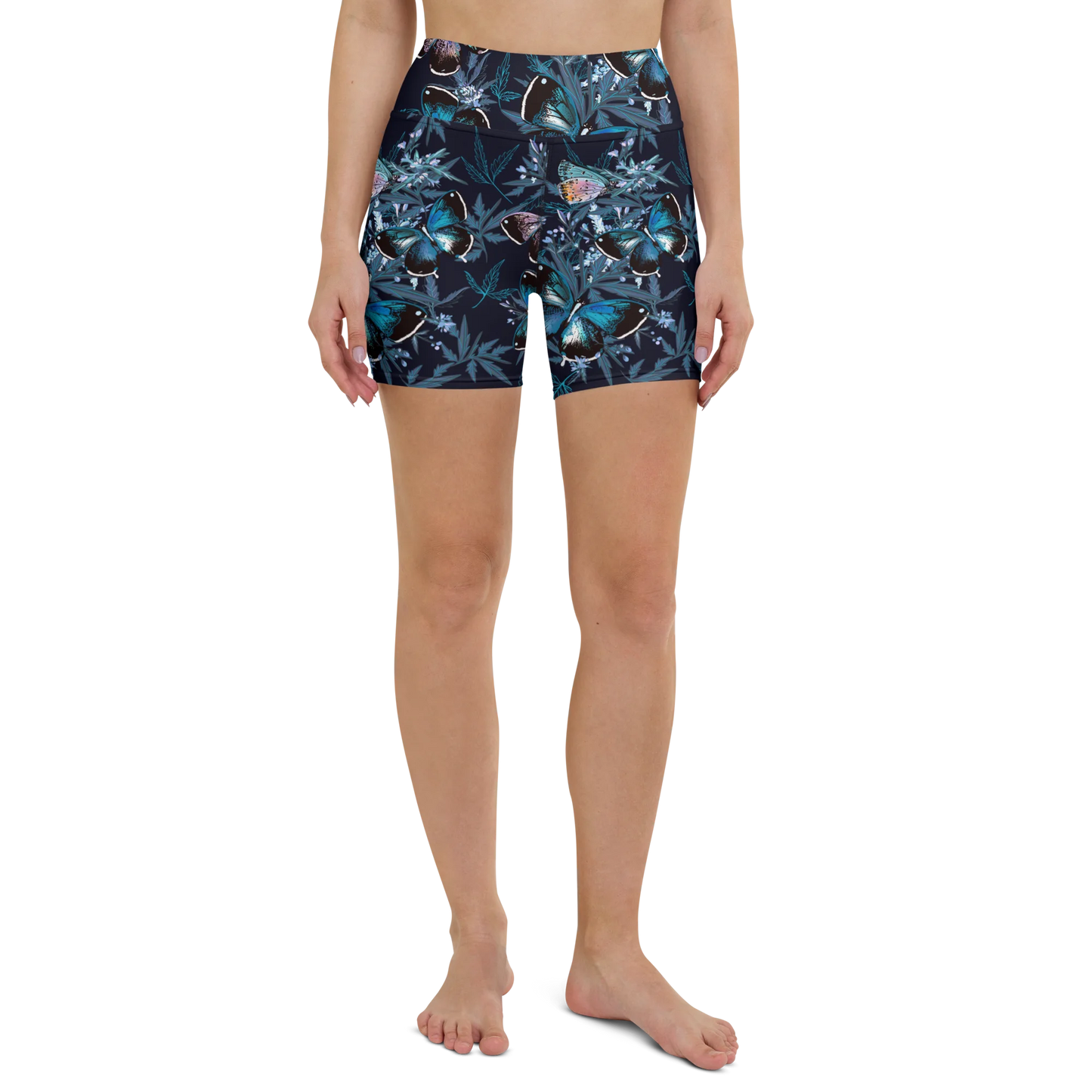 Night Flight of Blue Butterflies Yoga Shorts