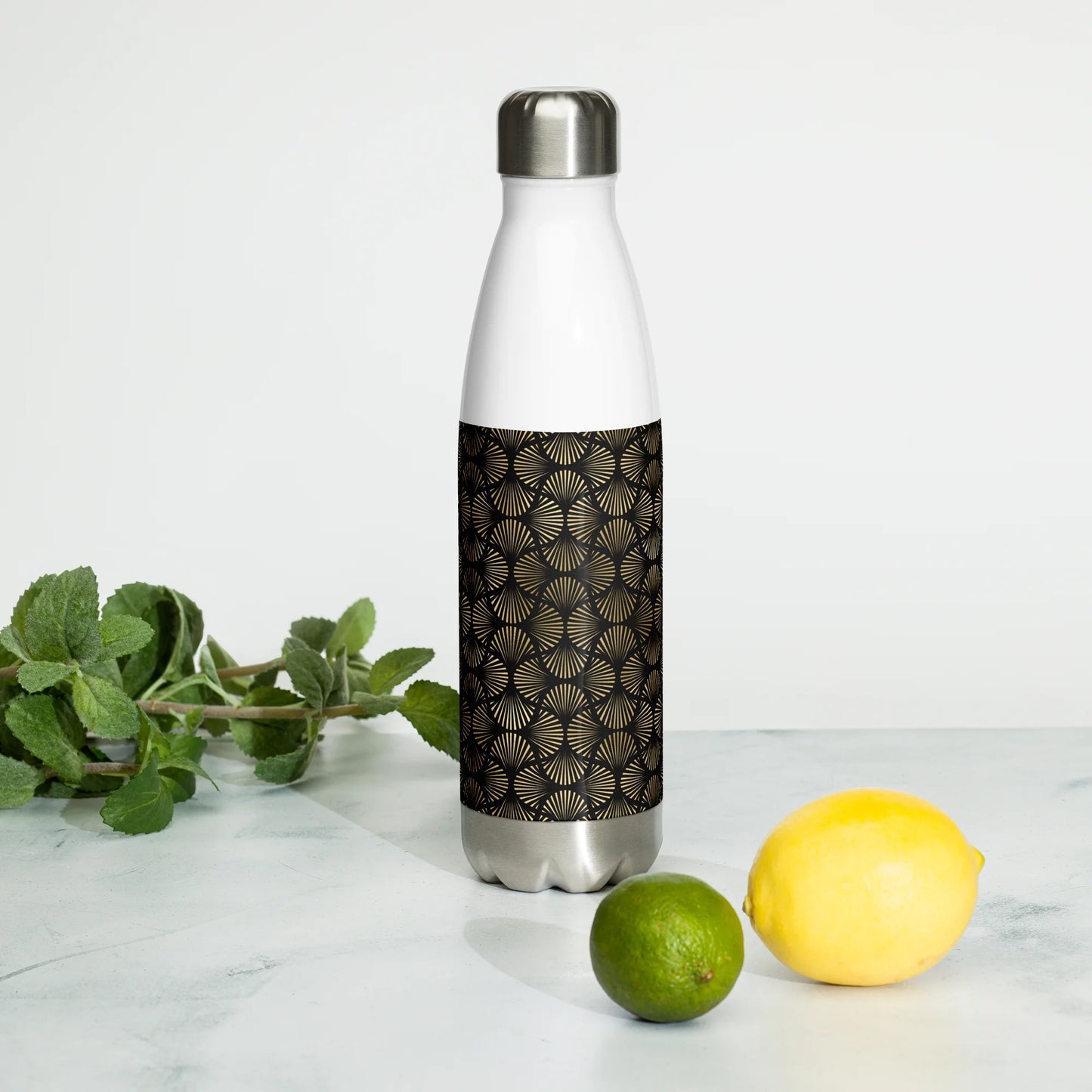 Black And Gold Art Deco Flower Reflections Stainless Steel Water Bottle