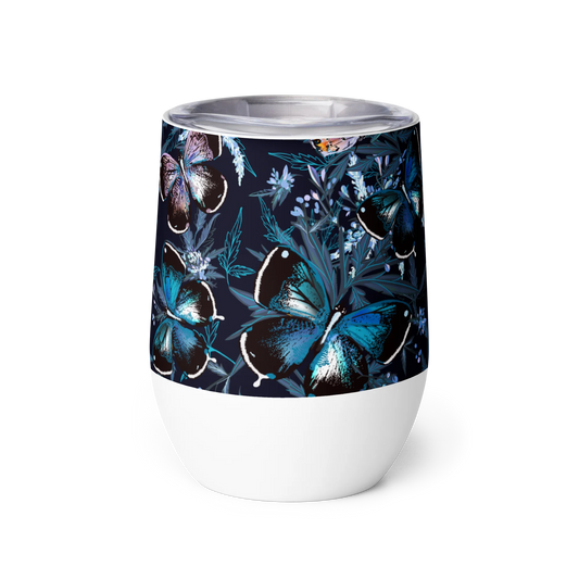 Night Flight of Blue Butterflies Wine Tumbler