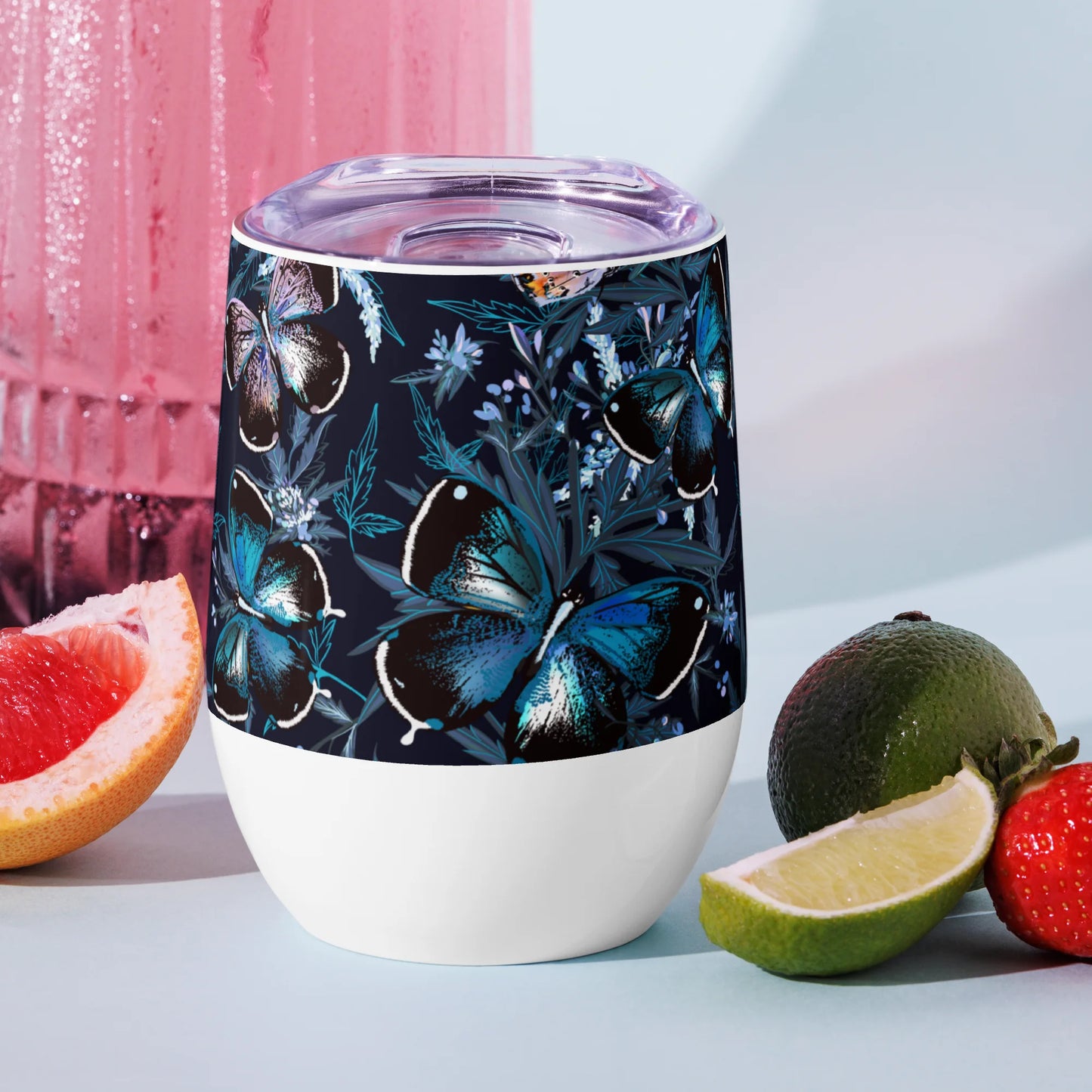 Night Flight of Blue Butterflies Wine Tumbler