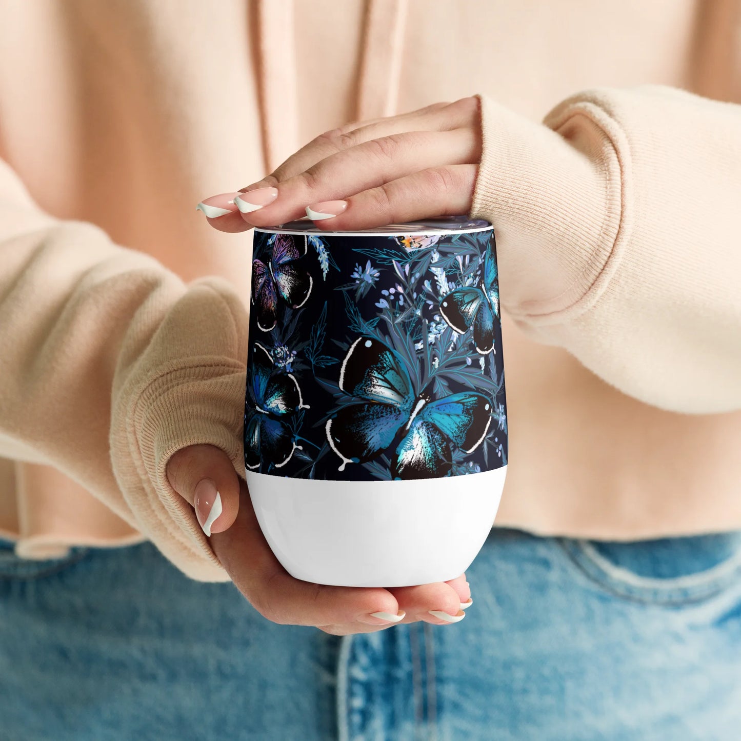 Night Flight of Blue Butterflies Wine Tumbler