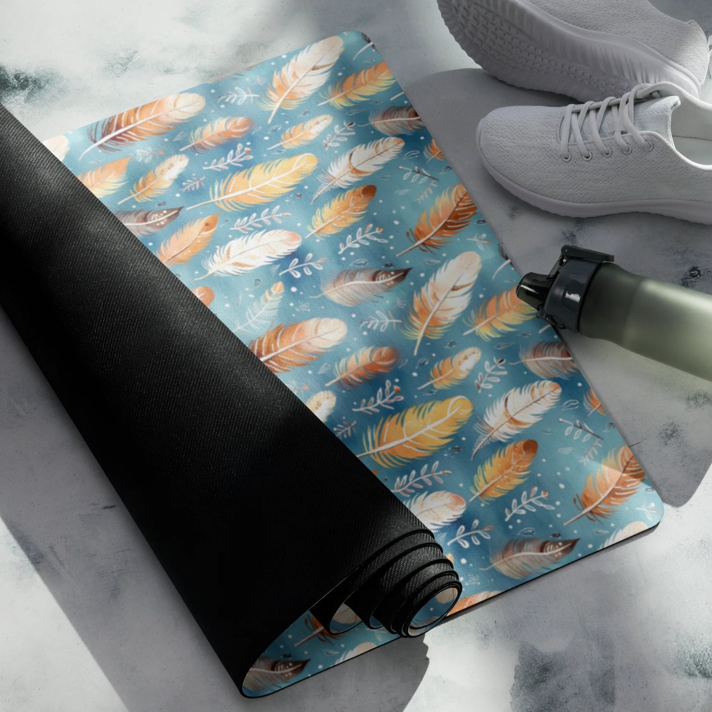 Blue & Orange Feather's Tale Yoga Mat